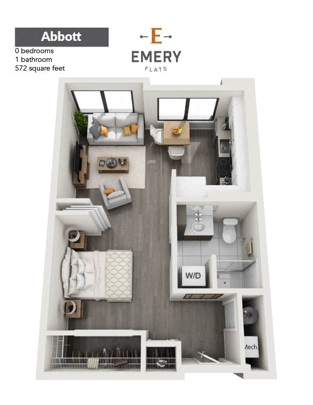 Floor plan for studio, 1 bath, 572 sqft